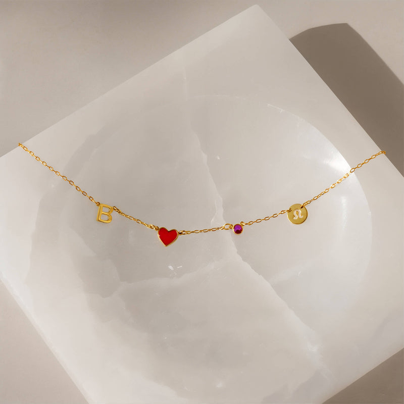 Golden Astoria – Collier cœur personnalisé avec initiale, pierre précieuse et signe du zodiaque