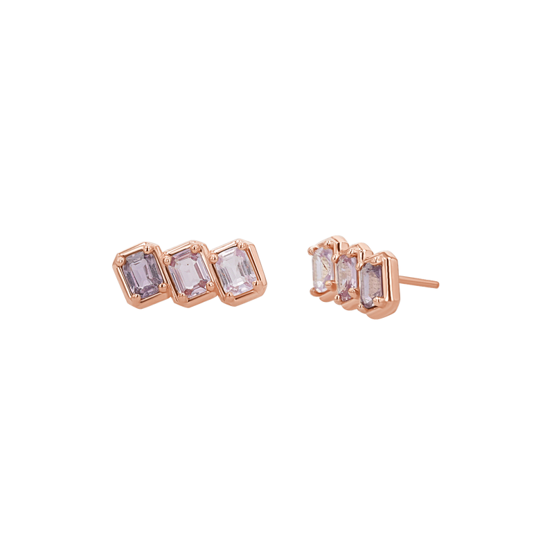Emerald Cut Pink Ombré Trio Sapphire Earrings